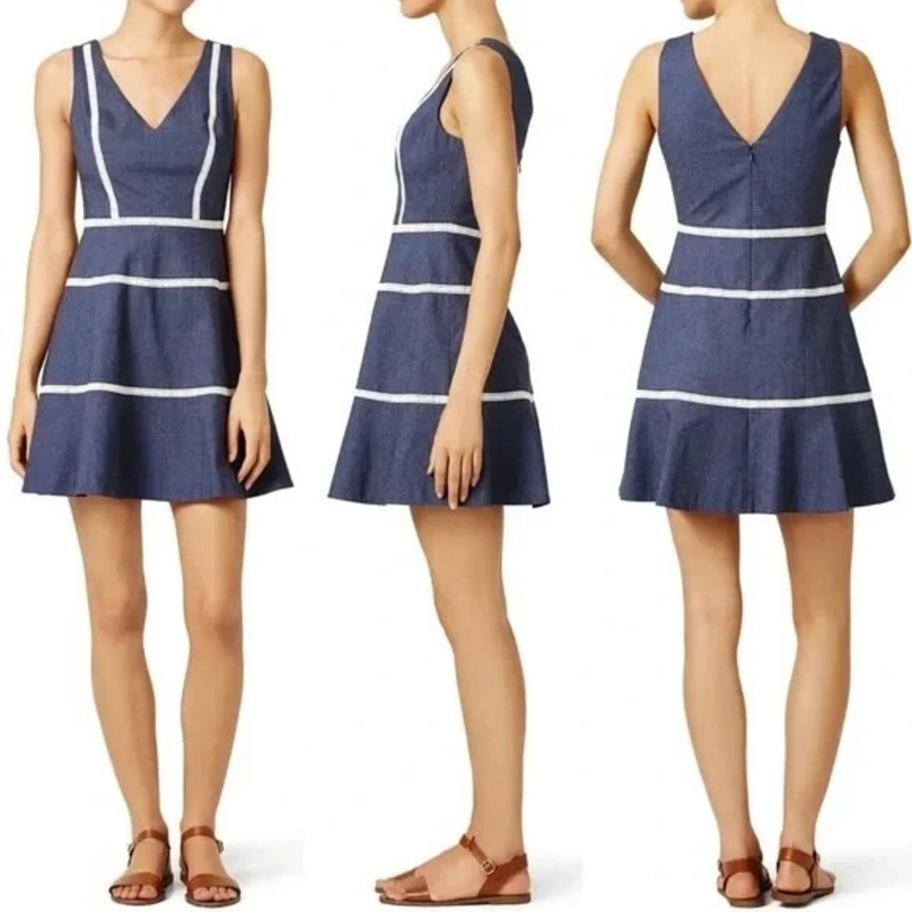 NWT Erin‎ Fetherston Chambray Denim A-Line Fit Flare Mini Dress 2 0 Lace Stretch